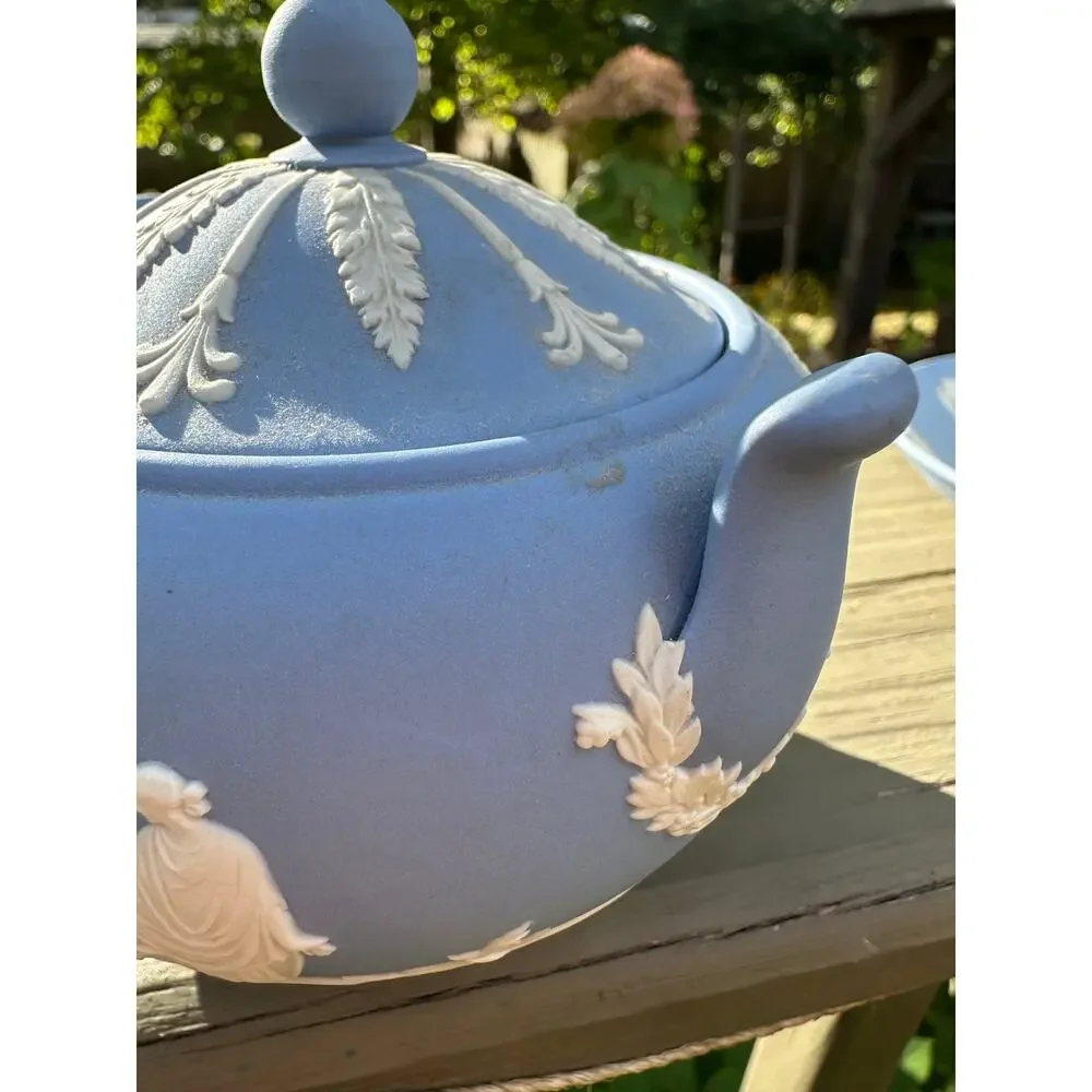 Wedgwood Jasperware tea set-teacup, saucer, sugar bowl England 1957 blue white
